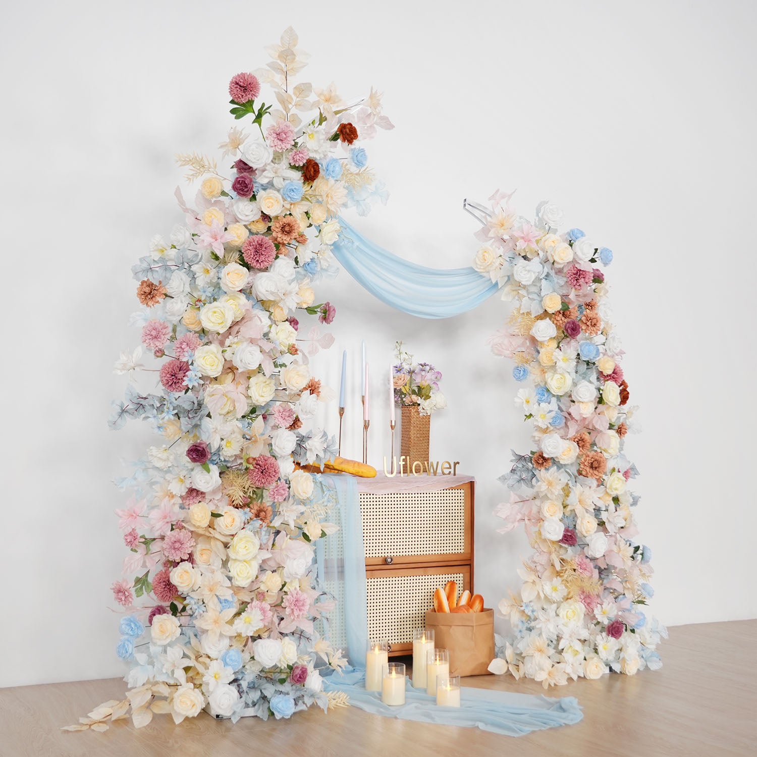 Uflower Pink Blue Champagne Horn Arch Decor Wedding Backdrop Floral Ball Arrangement